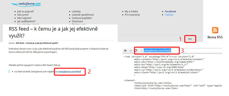 Postup vyhledání RRS kanálu na webu cestujlevne.com